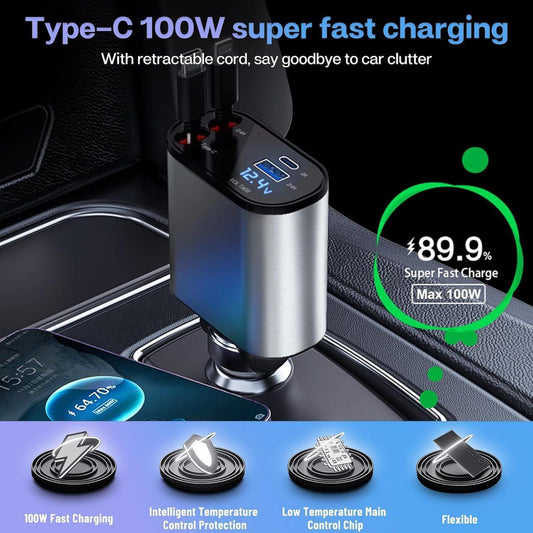 4-in-1 Car Charger Adapter with LED Display – Fast Charging USB/Type-C Ports